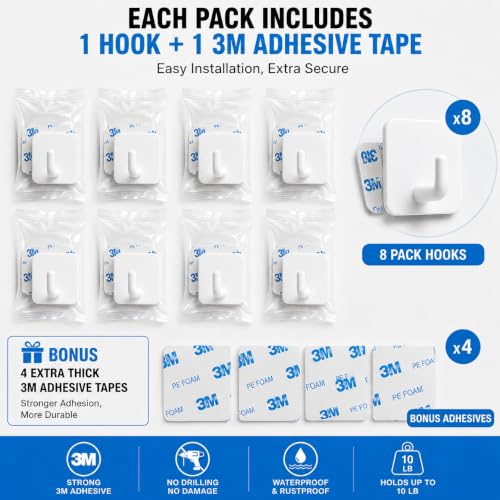 Stainless Steel Adhesive Wall Hooks, White, 8 Pack | Heavy Duty, Waterproof, For Bathroom Kitchen Shower, For Towels Keys Hats Robes - color: 01-white