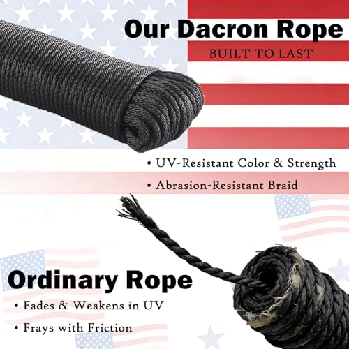 Black UV Resistant Polyester Rope 1/8in 300ft Braided Cord Marine Camping | Outdoor, Clothesline, Flag Line, Boating, Hiking - size: 300Feet