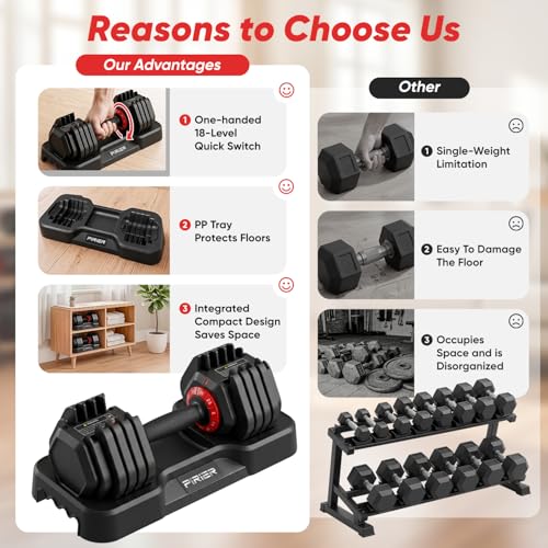 PIRIER Adjustable Dumbbell Set 25/50LB Dumbbells Weight, 10-in-1/18-in-1 Weight Dumbbell with Anti-Slip Metal Handle and Bicep Supports for Comprehensive Full Body Strength Training - color: Black-25LB-Pair