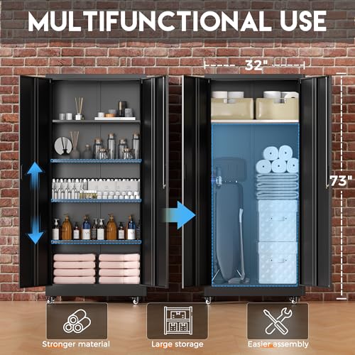 Greenvelly Metal Garage Storage Cabinet with 4 Swivel Wheels, 73" Black Storage Cabinet on Wheels, Rolling Tool Cabinet with Locking Doors and Shelves for Garage, Basement, Home, Warehouse - color: Black, size: 73 Inch