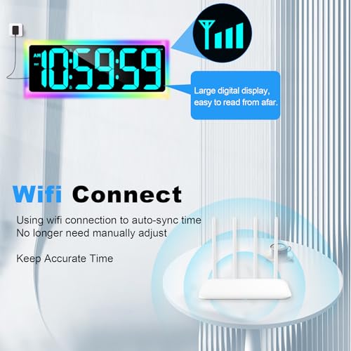 TXL 17.2" WiFi Digital Wall Clock with Seconds, Large Countdown Timer for Classroom Home Gym Office, Alarm Clock with Remote Control, RGB Ambient Lights, 4 Dimmable Brightness, Auto DST(Ice Blue) - color: Ice Blue