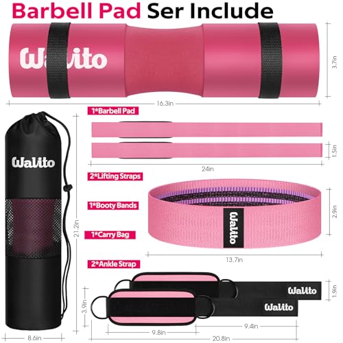 WALITO 8Pcs Barbell Pad Set for Hip Thrust - Squat Pad,Gym Accessories for Women with Bar Bad,Bench Press, with Gym Ankle Straps,Resistance Bands for Working Out,Lifting Strap,Carry Bag - color: 1-Pink