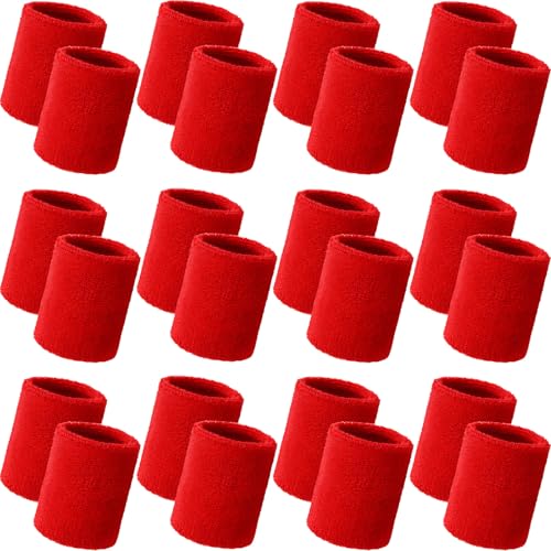 Bememo 24 Pcs Wrist Sweatbands Bulk Sports Wrist Bands for Men Women Breathable Athletic Tennis Wristbands Stretchy Absorbent Cotton Terry for Basketball, Baseball, Gym, Working Out - color: Red