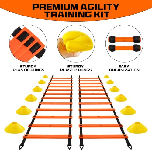2 Pack 20ft Agility Ladder Set, 40ft Total Adjustable Speed Ladder with 12 Cones, 8 Stakes, 1 Carry Bag - Parallel Footwork Drills Gear for Football Soccer Basketball Training Equipment - color: Orange