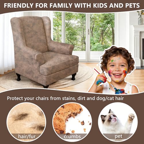 ANARACHON Leather Look Wingback Chair Covers, 2-Piece Wing Chair slipcover,Stretch Wing Back Armchair Slipcovers with Elastic Bottom, Soft Spandex Furniture Protector for Living Room (03 Light Brown) - color: Light Brown #3