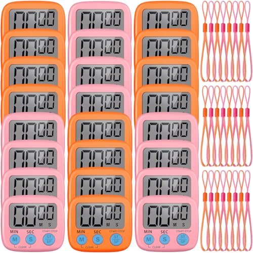 Weewooday 24 Pcs Small Digital Kitchen Timer Magnetic Back and Switch Minute Second Count up Countdown Big LCD Display Loud Alarm for Teacher Cooking Baking (Pink,Orange) - color: Pink, Orange