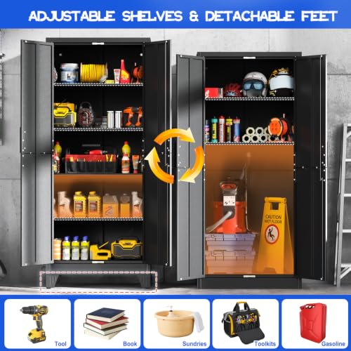 GAIOUS Tall Metal Storage Cabinet with Lock, 2 Doors Freestanding Steel Bookcase with Adjustable Shelves, Heavy Duty Lockable Office Filing Cabinet, Home Garage Utility Pantry Organizer Cabinet, Black - color: Black, size: 13.78''D × 25.98''W × 71''H