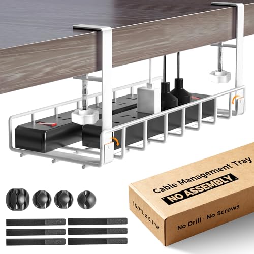Under Desk Cable Management Tray, Xpatee Upgraded Wire Management No Drill No Screws, Cable Tray with Clamp for Wire Organizers, Computer Cord Rack for Office, Home - No Damage to Desk White - color: White
