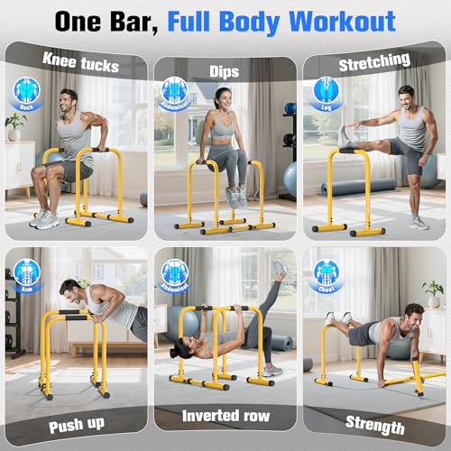 Sportsroyals Adjustable Dip Bar Station, Heavy Duty Parallette & Parallel Bars, 400LBS Stable Dip Stands for Home Gym, Calisthenics & Upper Body Workout Equipment - color: yellow