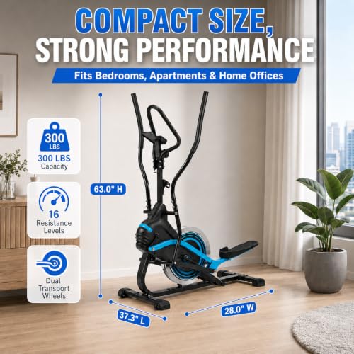 3-in-1 Elliptical Exercise Machine for Home, Cardio Climber & Stair Stepper with 18LB Flywheel, 16-Level Magnetic Resistance, 15.5” Stride, 300LB Capacity, Quiet Compact Trainer