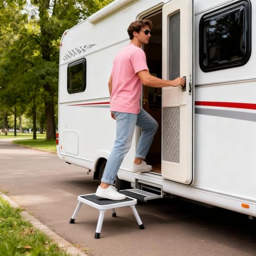 OLIXIS Foldable Step Stool, 330lbs with Non-Slip Platform & Rubber Feet | 1-Step Ladder with Carrying Handle, Sturdy Metal Stool for RV, Truck, Home Kitchen, Indoor & Outdoor Use - size: 1 Stool