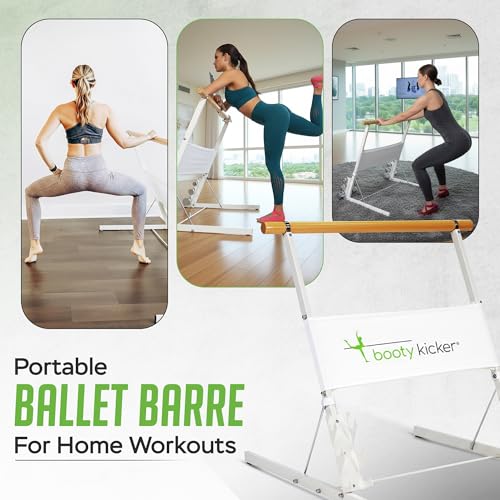 Portable Folding Exercise Bar for Barre, Balance and Ballet Home Workouts | Authentic Booty Kicker, Strong Freestanding Stable Design, Solid Steel and Wood Workout Equipment - color: White