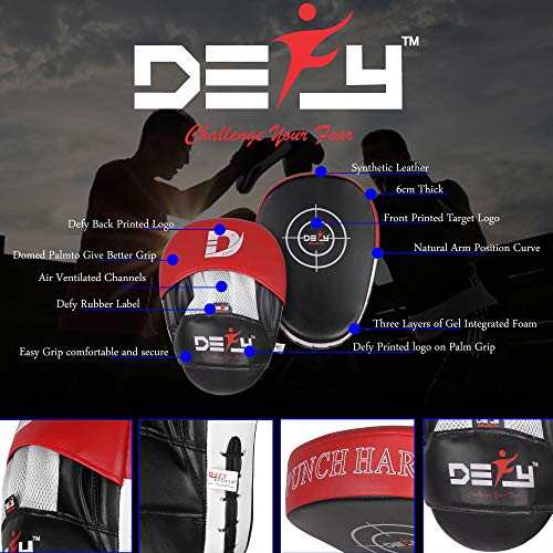 DEFY MMA Muay Thai Boxing Focus Mitts – Premium Leather Hook & Jab Punching Pads - Curved Focus Mitts for Strike & Kick Training Shield (Pair)