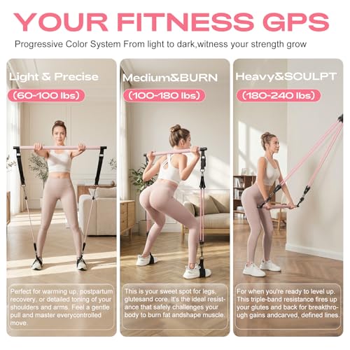 Pilates Bar Kit with Resistance Bands – Adjustable Home Gym Workout Equipment for Women & Men – Portable Pilates Equipment for Squats, Yoga & Full Body Toning - color: Purple