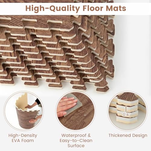 Tangkula 25 Tiles Foam Flooring Mats with Border, 100 SQ FT EVA Interlocking Exercise Foam Mats for Exercise Equipment, Elastic Puzzle Play Mats, 3/8” Non-Slip Workout Floor Mats for Home Gym (Brown) - size: 100 sq.ft, Brown