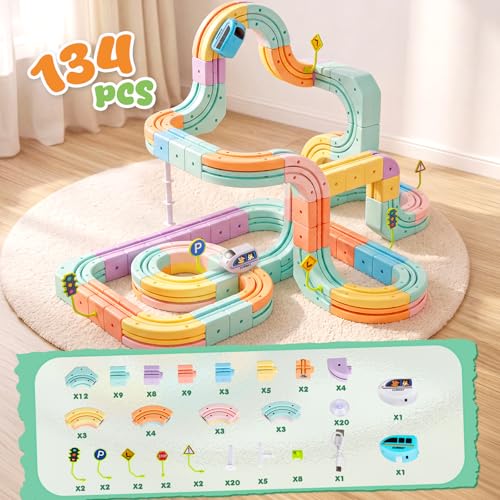 Hot Bee Electric Train Set for Kids, Gravity-Defying 3D Train Track Set with 134PCS Flexible Snap-On Tracks, USB Rechargeable Motorized Car, STEM Building Toy Birthday Gifts for Boys Girls 3 4 5 6 7 8 - color: Multicolored
