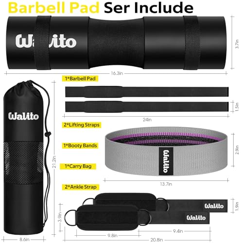 WALITO 8Pcs Barbell Pad Set for Hip Thrust - Squat Pad,Gym Accessories for Women with Bar Bad,Bench Press, with Gym Ankle Straps,Resistance Bands for Working Out,Lifting Strap,Carry Bag - color: Black