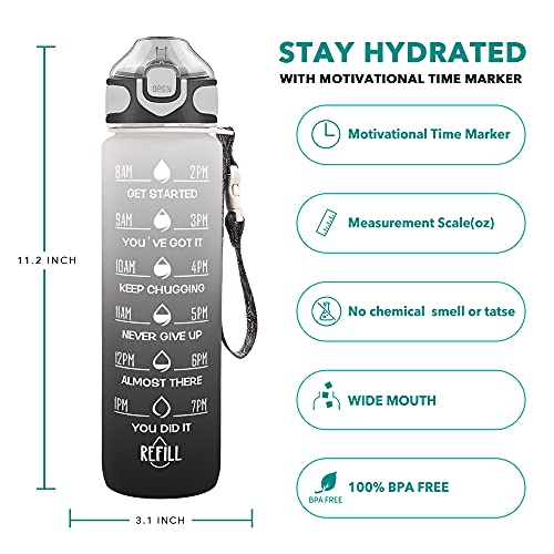 Enerbone 32 oz Drinking Water Bottle with Times to Drink and Straw, Motivational with Carrying Strap, Leakproof BPA & Toxic Free, Ensure You Drink Enough Water for Fitness Gym Outdoor - color: Gray-Black