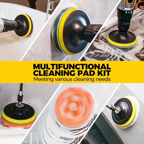 Holikme 30Piece Drill Brush Attachment Set - Power Scrubber Cleaning Kit | Buffing Sponges, Nylon Grout Tools, Tile Bathtub Shower Floors Kitchen Car Interior Detailing, Cleaning Supplies - color: Yellow