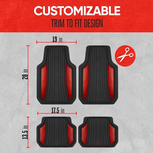 Motor Trend ChromeTech Car Floor Mats Full Set - Durable Rubber Floor Mats for Cars with Two Tone Accent, All Weather Interior Protection for Front and Rear with Non-Slip Backing, Red Chrome - color: Black & Red