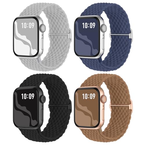 4 Pack Braided Stretchy Bands Compatible with Apple Watch 40mm 41mm 38mm 42mm 44mm 45mm 46mm 49mm Women Men, Breathable Nylon Elastic Daily Use Straps for iWatch Series 11/10 9 8 7 6 5 4 3 SE/Ultra 2 - color: Black/Brown/Blue/Titan Gray, size: 42mm(series