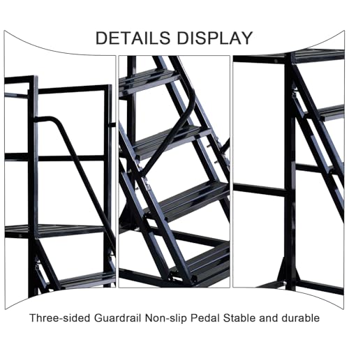 4 Step Rolling Ladder with Handrails, 1100 lbs Capacity Heavy Duty Mobile Warehouse Ladder with Wheels, Industrial Steel Non-Slip Rolling Stairs with Large Platform, for Garage Stockroom Library - color: Black, size: 4 Step