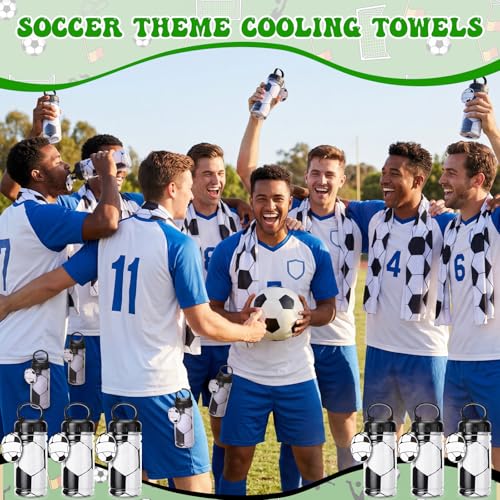 18 Set Soccer Cooling Towels with Plastic Container and Name Card 40"x12" Microfiber Breathable Chilly Ice Towel Sweat Towels Bulk for Neck Players Team Gift Sport Running Party Favors - style: Soccer