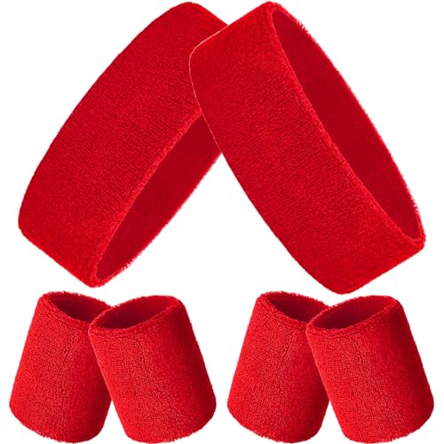 Bememo 6 Pcs Neon Sports Sweatbands Set Sports Competitions Sweatbands 2 Headband 4 Wristbands Breathable Terry Cloth Athletic Bands for Team Soccer Spirit 80s Costumes Cosplay - color: Red