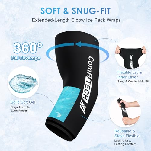 ComfiTECH Tennis Elbow Ice Pack Wraps, Flexible Arm Gel Cold Sleeve, L, 2P | Golfers Ice Arm Brace for Forearm & Calf Discomfort, Reusable Gel Cold Compression Sleeve for Pitchers, Arthritis & Muscle - size: Large