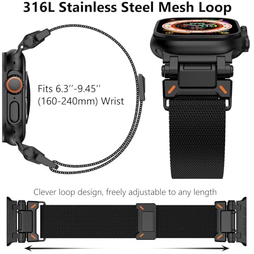 WINGLE Milanese Loop for Apple Watch Band Ultra 3/2/1 Band Ultra 49mm Series 11 10 46mm 45mm 44mm SE 3/2/1 Series 9 8 7 6 5 4 3 Men Women,Parachute-Style Buckle Stainless Steel Mesh Metal iWatch Bands - color: Magnetic Metal Mesh Loop-Black