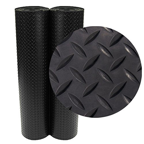 Rubber-Cal Diamond-Plate Rubber Flooring Roll - 3 mm x 4 ft x 1 ft Roll - Black - size: 12"L x 48"W x 0.1"Th