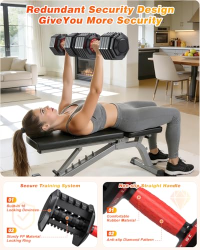 XDDIAS Adjustable Dumbbell Set for Home Gym Workout | 25 to 90 lbs, non-slip knurled grip, compact storage, one-hand adjustable - size: 55LB Pair