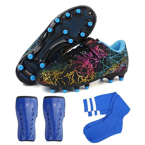 brooman Kids Firm Ground Soccer Cleats Girls Football Cleats with Shin Guards and Soccer Socks - color: Black Blue, size: 10 Toddler