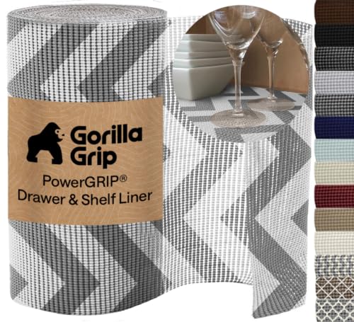GORILLA GRIP powerGRIP Drawer Shelf and Cabinet Liner, Thick Strong Hold, Non-Adhesive Liners Protect Kitchen Cabinets and Cupboard, Bathroom Drawers, Easy Install, Breathable Mat, 12" x10' Gray White - color: Chevron: Gray/White, size: 12" X 10', style: