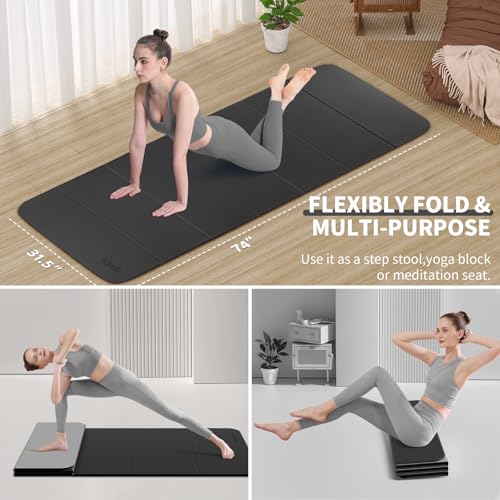 Foldable Yoga Mat Extra Large 74"×31.5" | Double-Sided Non-Slip,Extra Wide Foldable Design,8mm Extra Thick,Exercise Mat for Home, Studio and Travel Use - color: Black+Gray