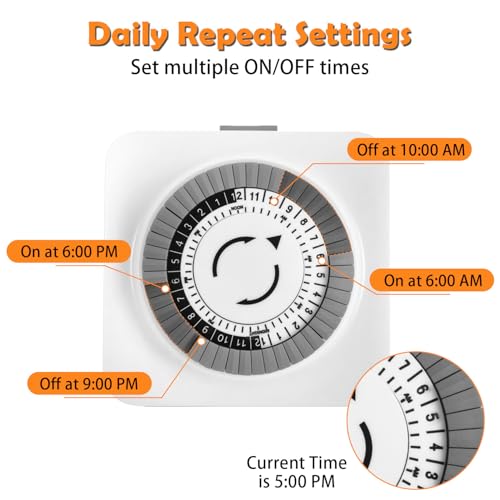 Timers for Electrical Outlets Indoor, 24-Hour Plug-in Mechanical Outlet Timer, 30 Minute Intervals, 3 Prong Light Timers, Daily On/Off Cycle for Christmas Tree, ETL Listed, 2Pack