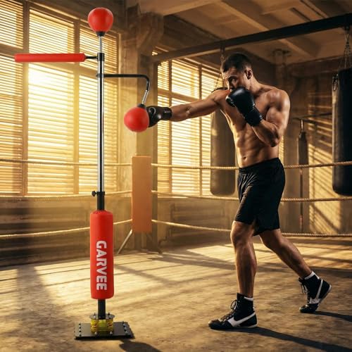 3-in-1 Adjustable Height Boxing Punching Bag Stand, with Speed Ball & Rotating Bar, Suction Base, for Home Gym Training, Red