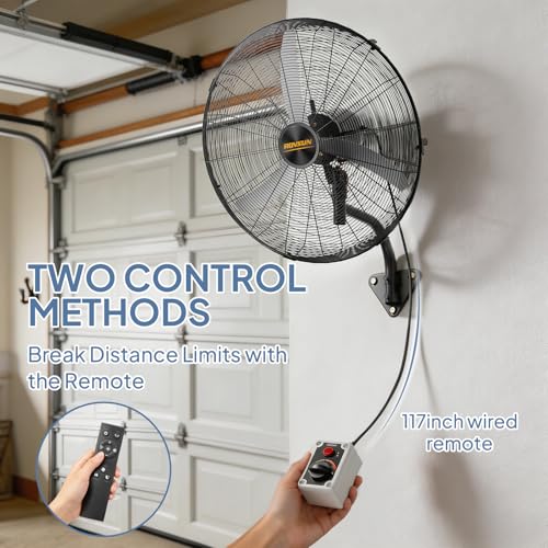 ROVSUN 20inch Wall Mounted Fan with BLDC Motor & Remote Control, High Velocity Industrial Wall Fan with Wired Remote, 4-Speed Outdoor Fan, Waterproof Oscillating Wall-mount Fan for Garage, Gym, Patio - size: 20"