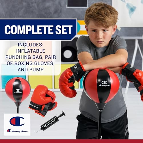 Champion Kids Punching Bag Set for Ages 3-10 – Adjustable 30"–43" Stand, Spring-Rebound Boxing Bag, PU Foam Gloves & Fillable Base – Indoor & Outdoor Youth Boxing Set