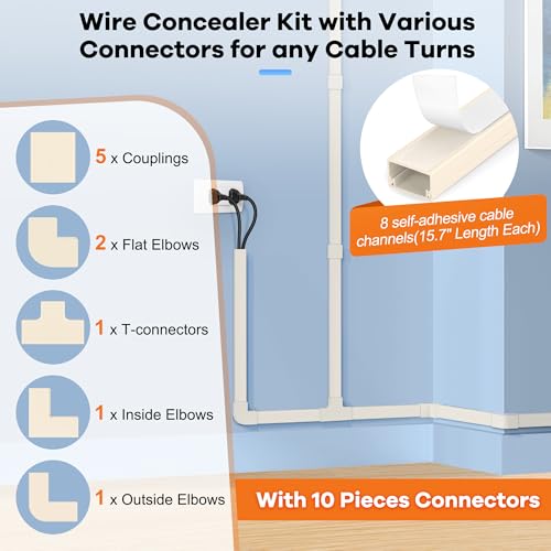 126in Cord Hider Kit, Wire Hiders for TV on Wall, Paintable Cable Management Kit, Wire Cover for Wall Mount TV, Hide Wires Along Wall, Beige Cord Cover Wall Wire Management, 8xL15.7in W0.95in H0.55in - color: Beige, size: W0.95in X H0.55in X L126in