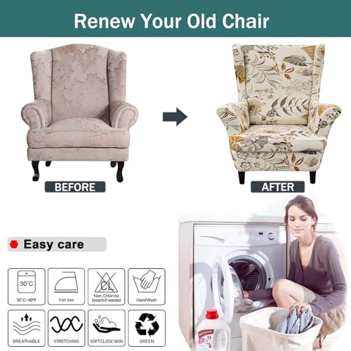 NILUOH Wingback Chair Slipcover 2 Pieces, Stretch Spandex Wingback Chair Covers Washable Slipcover for Wingback Armchairs Non-Slip Furniture Protector with Elastic Bottom for Living Room - color: 252