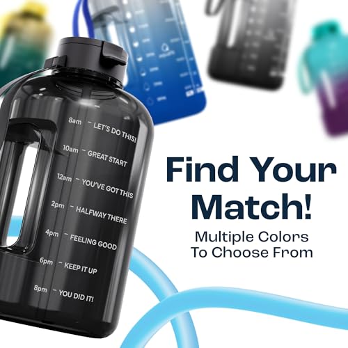 AQUAFIT Half Gallon Water Bottle with Motivational Quotes | BPA Free 64 oz Water Bottle with Straw and Chug Lids - Leakproof Gym Water Bottle with Carry Handle (Gray) - color: Gray, style: 64 oz - 2 Lids