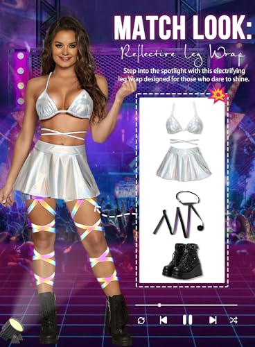 Ella Lust Reflective Rave Leg Wrap for Women - Adjustable Holographic Glow Straps Music Party Accessories EDC Concert Outfits - color: Reflective Rainbow
