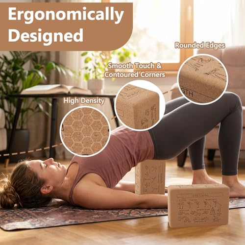 2pcs Cork Blocks, 43 Poses, Non-Slip, Stable Support | Premium Cork, Multifunctional, for Yoga Beginners Meditation Fitness Stretching, Ideal Gift
