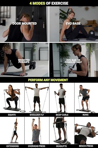 EVO Gym - Portable Home Gym Strength Training Equipment, At Home Gym | All in One Gym - Resistance Bands, Base Holds Gym Bar & Handles for Travel | Portable Gym & Home Exercise Equipment - style: Elite - 10 Bands (320 Pounds)