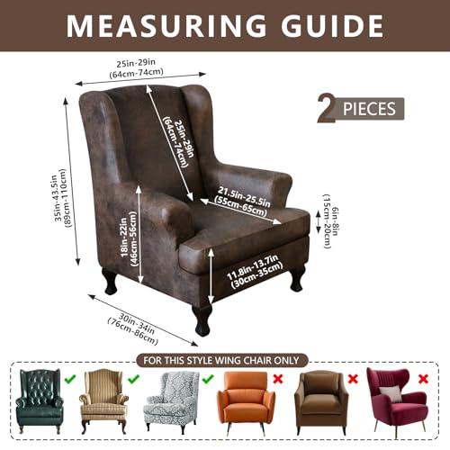 ANARACHON Leather Look Wingback Chair Covers, 2-Piece Wing Chair slipcover,Stretch Wing Back Armchair Slipcovers with Elastic Bottom, Soft Spandex FurnitureProtector for Living Room (Brown #2) - color: Brown #2
