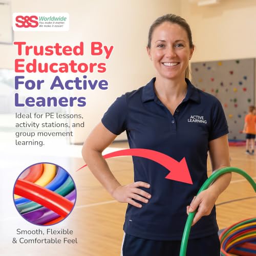S&S Worldwide No-Knott Hula Hoops Set of 18 - Heavy Duty, No-Kink Hoop Rings for Gymnastics, Fitness, Exercise, Games, PE & More - Assorted Colors, 6 Each in 24", 30" & 36" Sizes