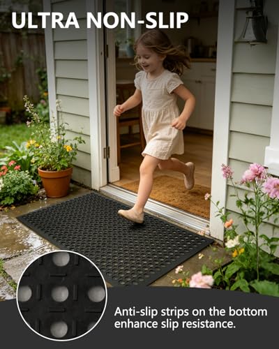 24"x36" Heavy Duty Non Slip Outdoor Rubber Door Mat with Drainage Holes,Large Rubber Mats for Bar, Garage, Kitchen, Waterproof Black Shop Matt, Fast Drying Restaurant Floor Mat, Driveway Mats Outdoor - size: 2' x 3' (Rectangular)