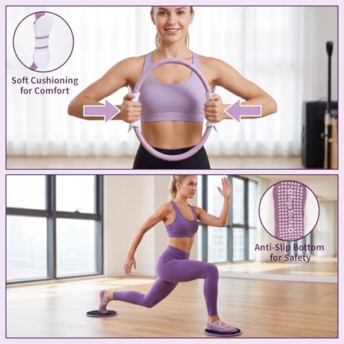 Hoikwo Purple TPE Pilates Kit for Home Workout, Complete Set with Pilates Ring, Resistance Bands, Yoga Ball, TPE Bands, TPR Massage Ball, Sliders, Along with an 8-Shape Band and Non-Slip Socks