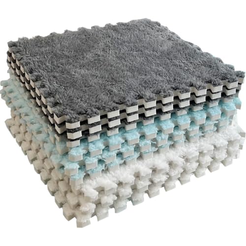 12Pcs Plush Foam Floor Mat,Plush Interlocking Carpet Tiles,Anti-Slip Square Puzzle Floor Mat,EVA Foam Area Rugs for Bedroom Playroom (Black+Grey) - color: Black+grey